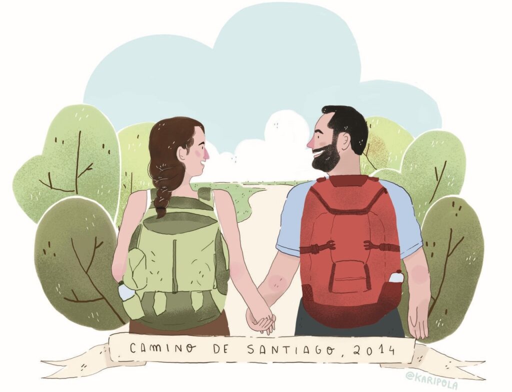 Ilustração de casal no Caminho de Santiago de Compostela